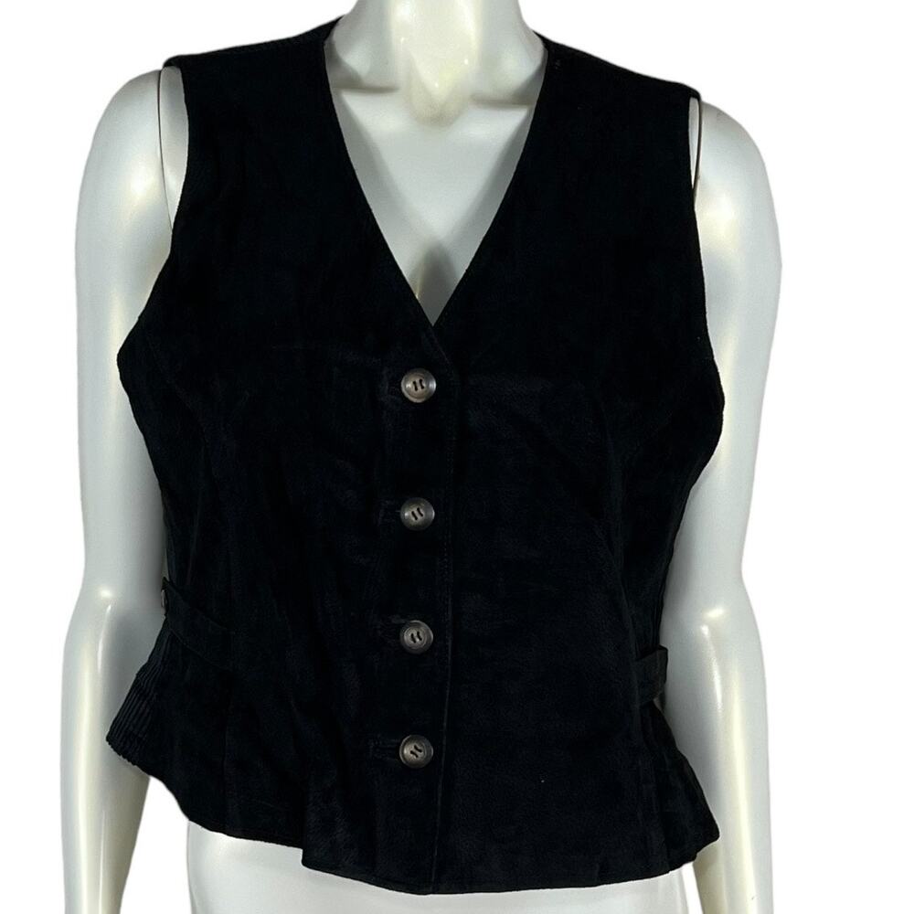 Marsh Landing Black Leather Vest Ribbed Cotton Back Button Front Size M